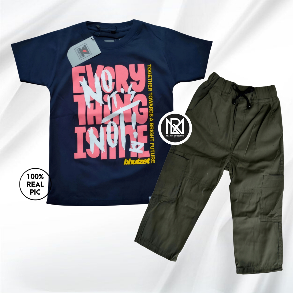 NRA Setelan Anak Kaos Distro dan Celana Chino Cargo Panjang Baju Anak Laki Laki