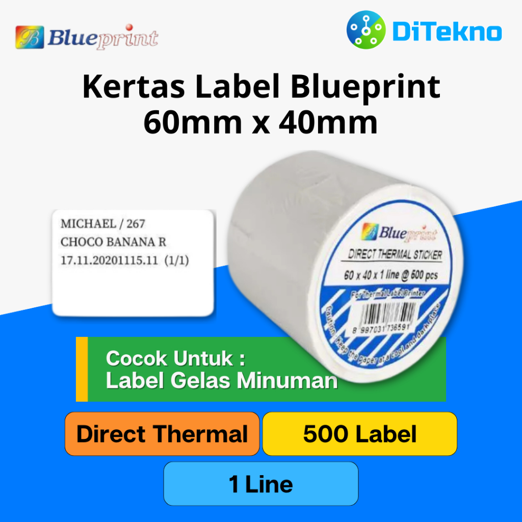 

Blueprint Barcode Direct Thermal 60x40 500 PCS 1 Line Kertas Label Stiker