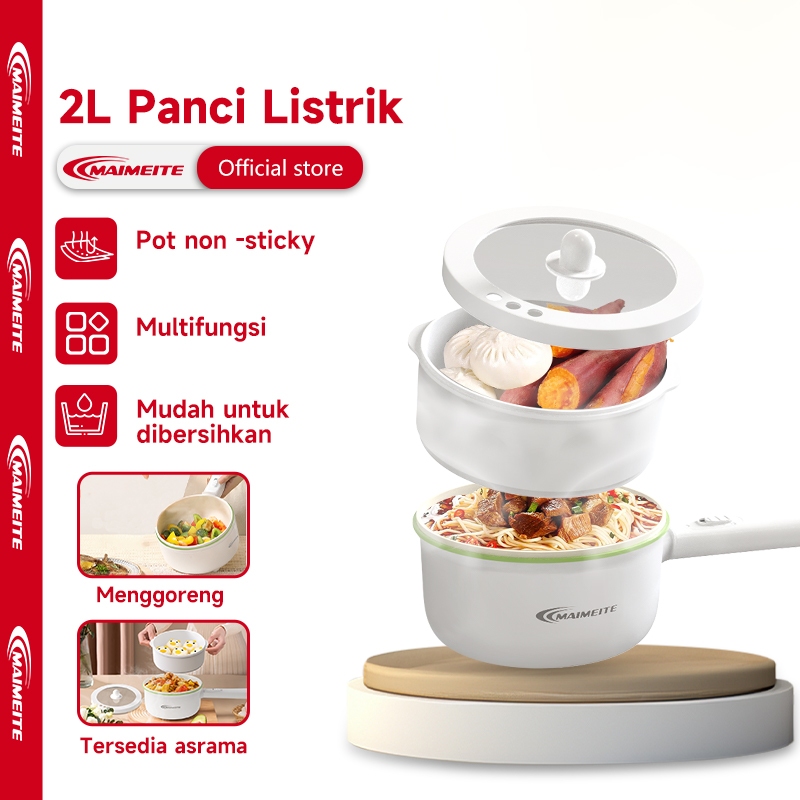 MAIMEITE Panci Listrik 2L serbaguna Panci Penggorengan Keramik Elektrik Free Steamer/Asrama