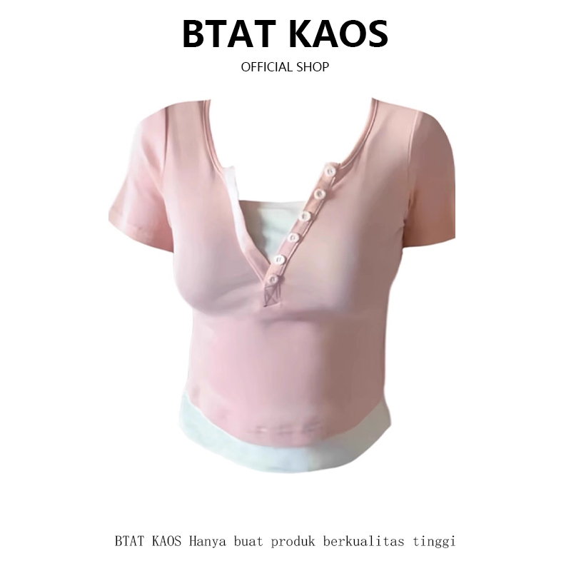 BTAT Atasan Kancing Depan Wanita Kekinian / Kaos Crop Dua Potong Palsu Korean Style