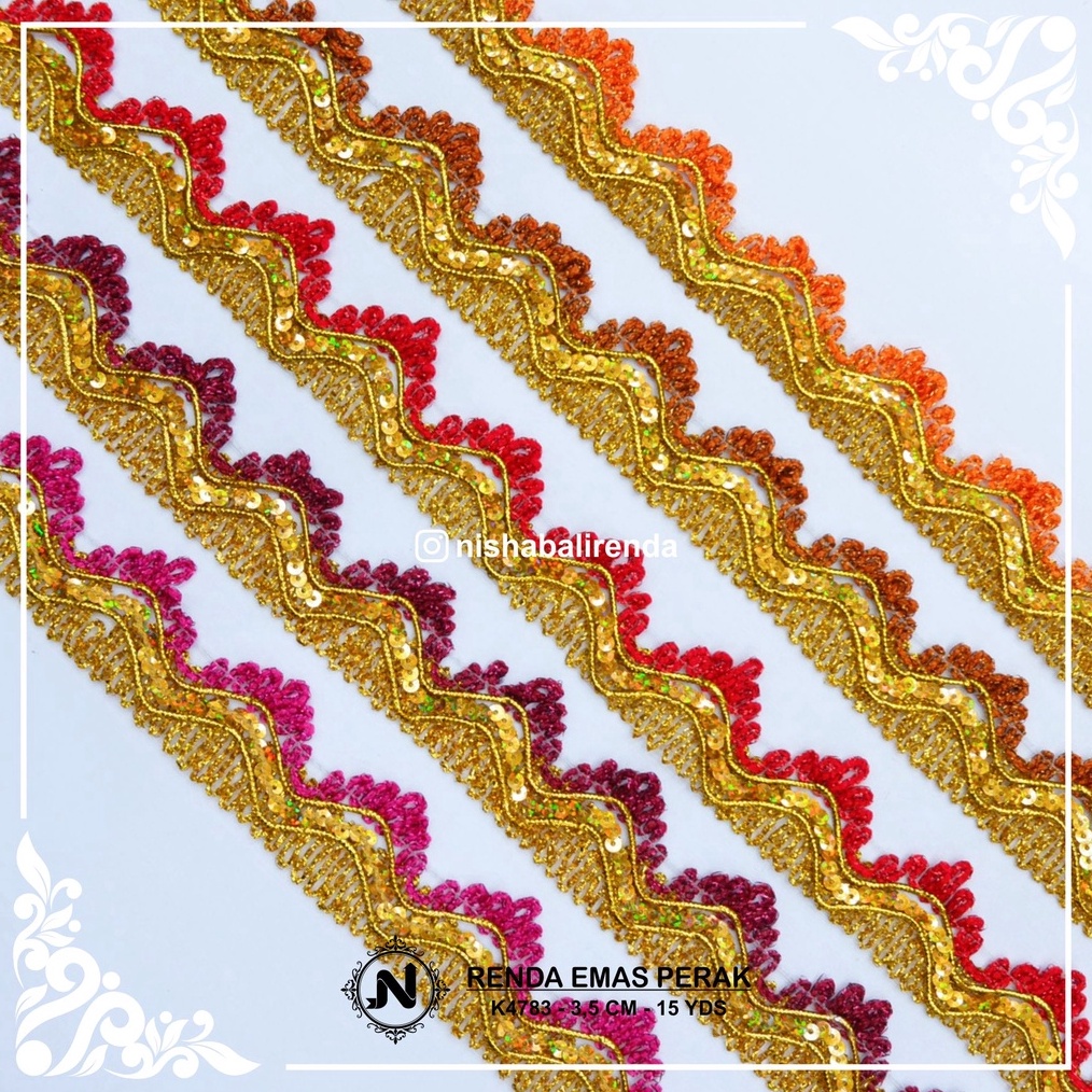 KODE I12G RENDA EMAS PERAK 4783 PER ROLL pita renda ribbon lace trim sequin india bunga bordir perma