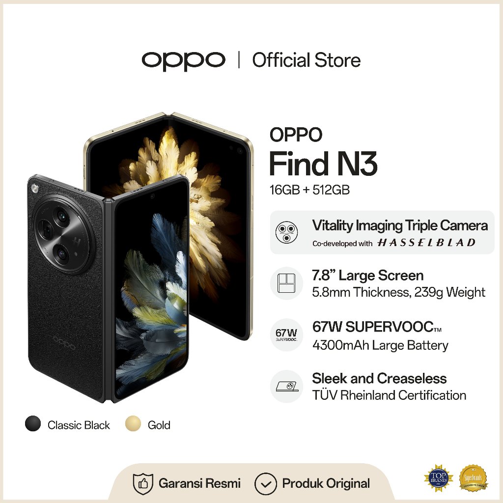 OPPO Find N3 16/512GB [HANDPHONE FOLDABLE 16GB+12GB RAM Expansion, 4805mAh SUPERVOOC 67W, UltraThin]