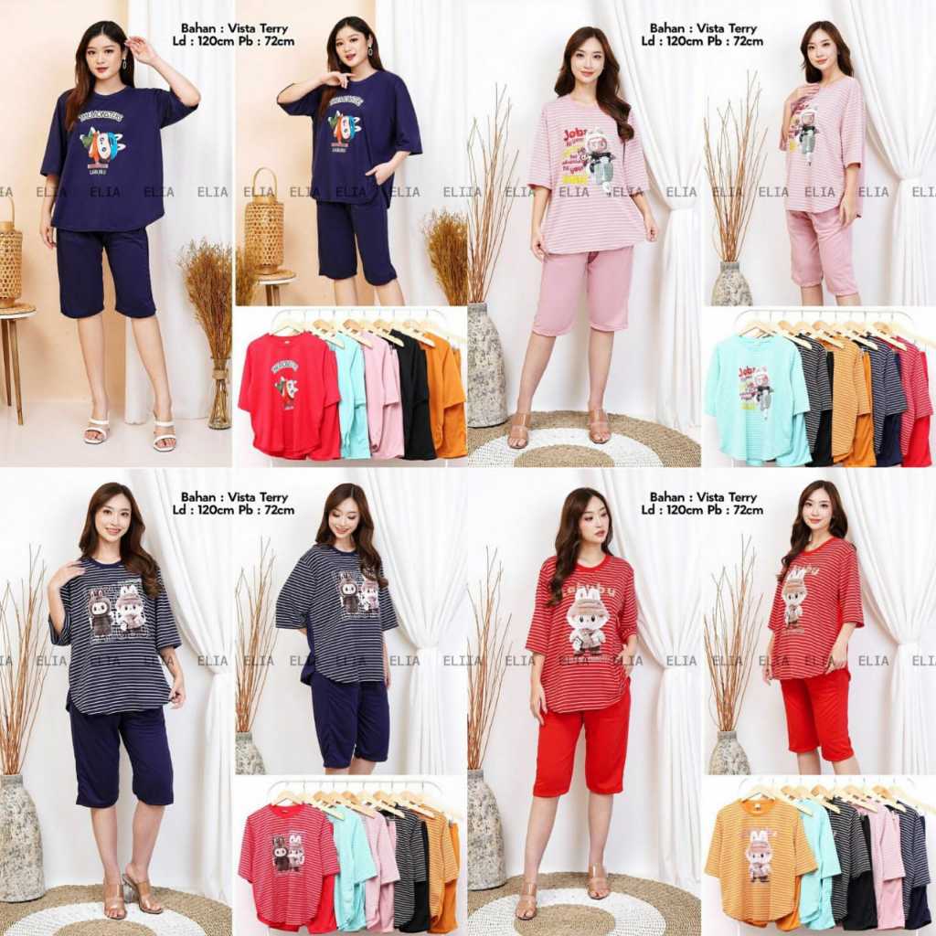 ONE SET SETELAN WANITA JUMBO 7/8 SALUR BAHAN VISTA TERRY MOTIF  LUCU