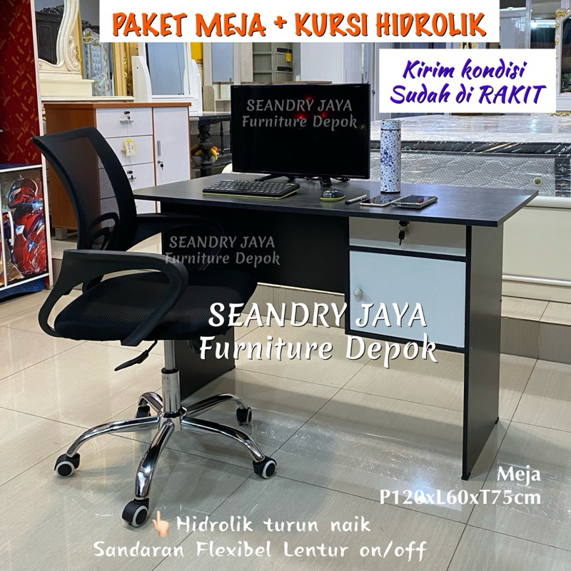 PAKET MEJA KERJA KANTOR+KURSI PUTAR HIDROLIK TANGAN KECIL/MINIMALIS/BELAJAR/PROMO MURAH/TULIS/JABODE