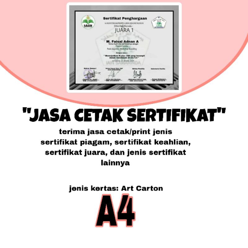 

JASA CETAK JENIS SERTIFIKAT PIAGAM BAHAN ART CARTON 210gsm