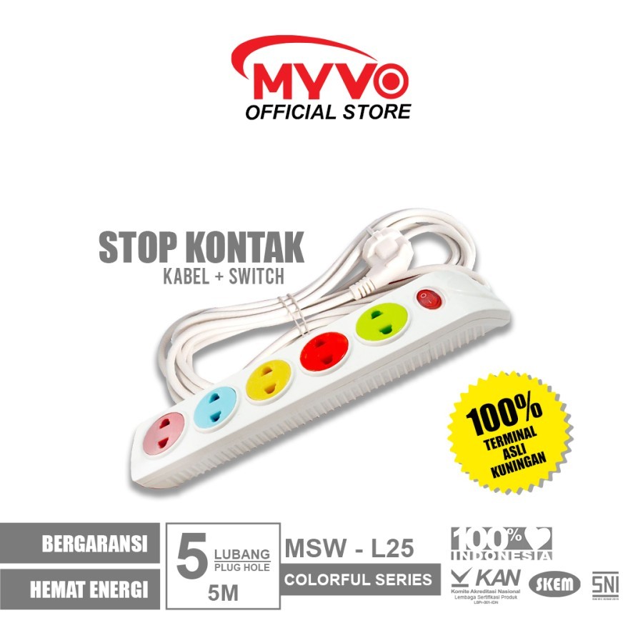 MYVO Stop Kontak 5 Lubang 5 Meter MSW-L25 Warna Asli Kuningan