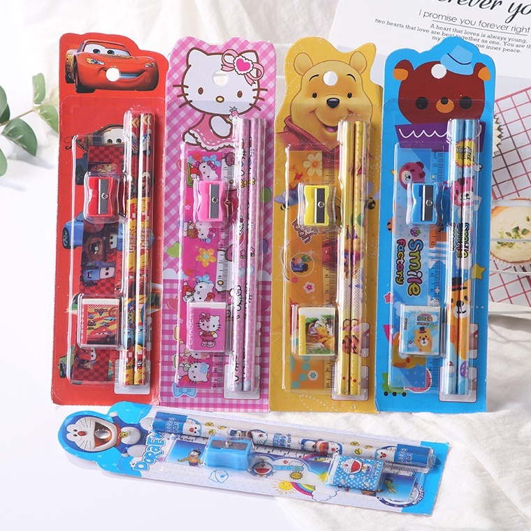 

High Quality Alat Tulis Anak Lucu 1 Satu Set Lengkap Pensil Pencil Rautan Lancaran Penghapus Penggaris