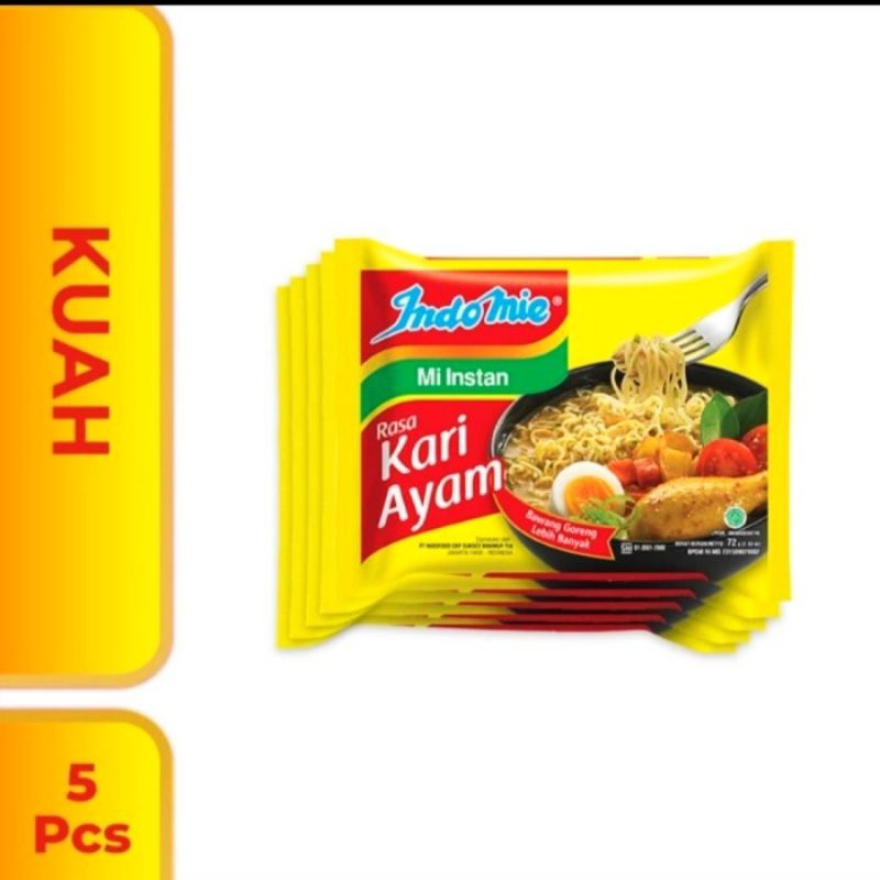 

Paket Hemat Indomie Rasa Ayam Bawang Goreng Kari Rendang Soto Ayam geprek (isi 5 pcs)