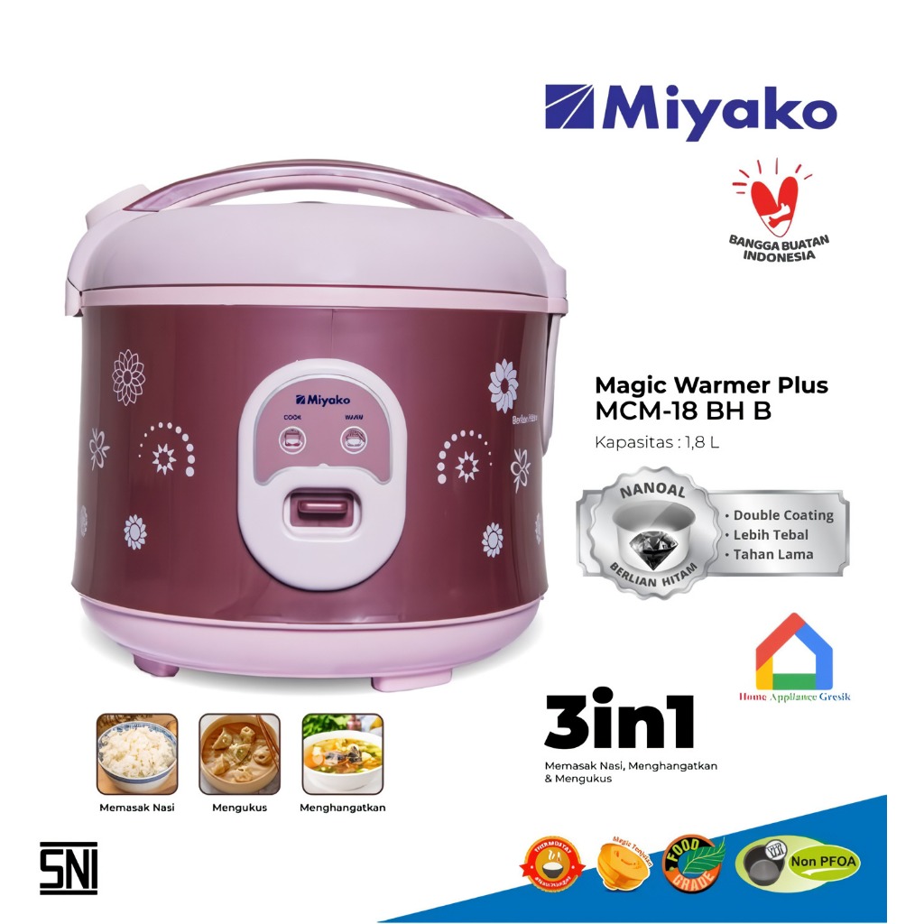 Magic Com MIYAKO MCM-18 BH Berlian Hitam 1.8 Liter / Penanak Nasi Rice Cooker 3 in 1 Panci Hitam