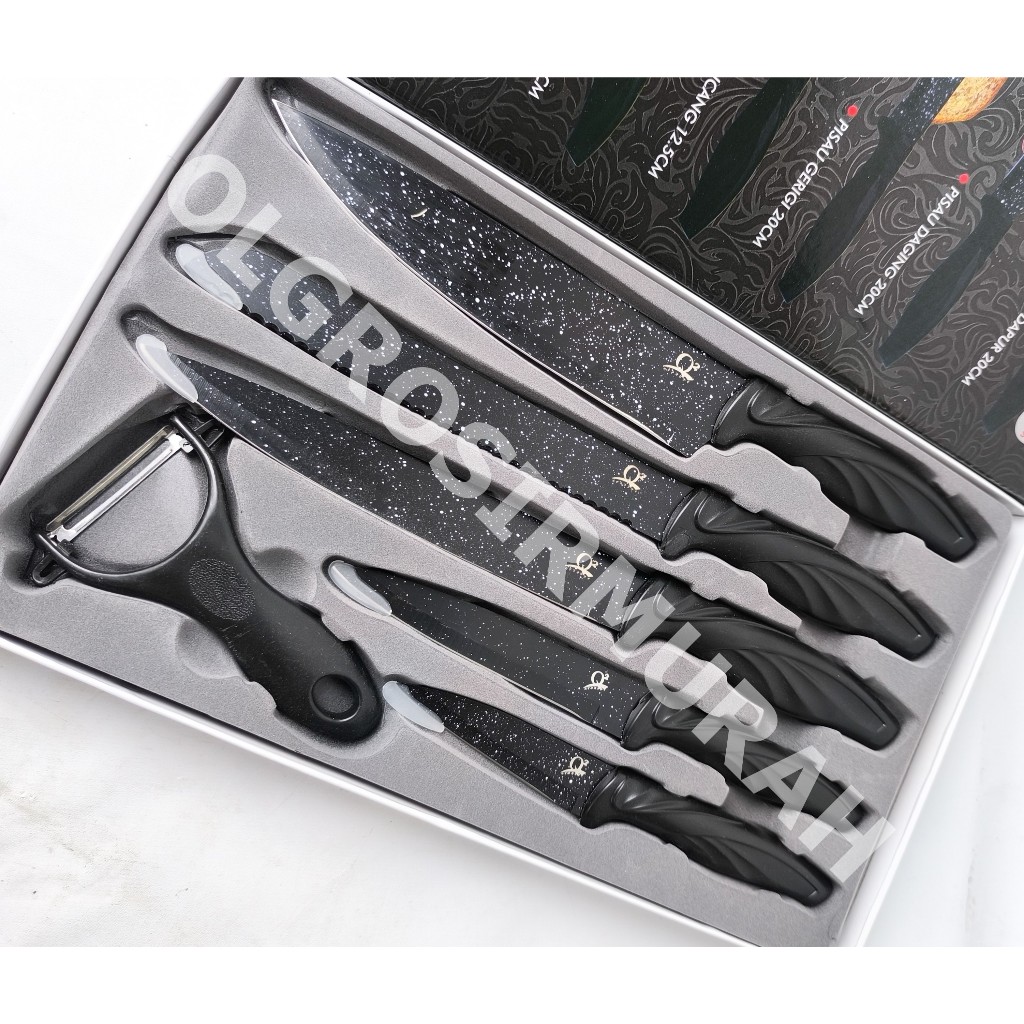 Pisau Set Black Marble Hitam elegan 6 pieces Q2 Q-106 Magnetik Box