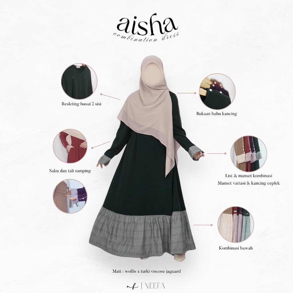 Gamis Aisha Syar’i Kombinasi Wolfis Polos Motif jaguard rayo viscose