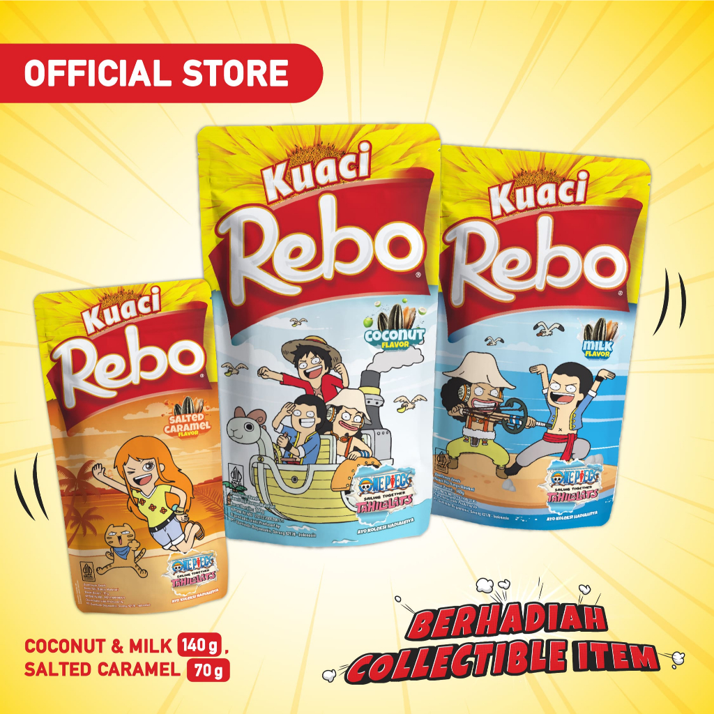 

Rebo Kuaci x One Piece Bundling 3 PCS - Rasa Milk, Coconut 140 Gram & Caramel 70 Gram