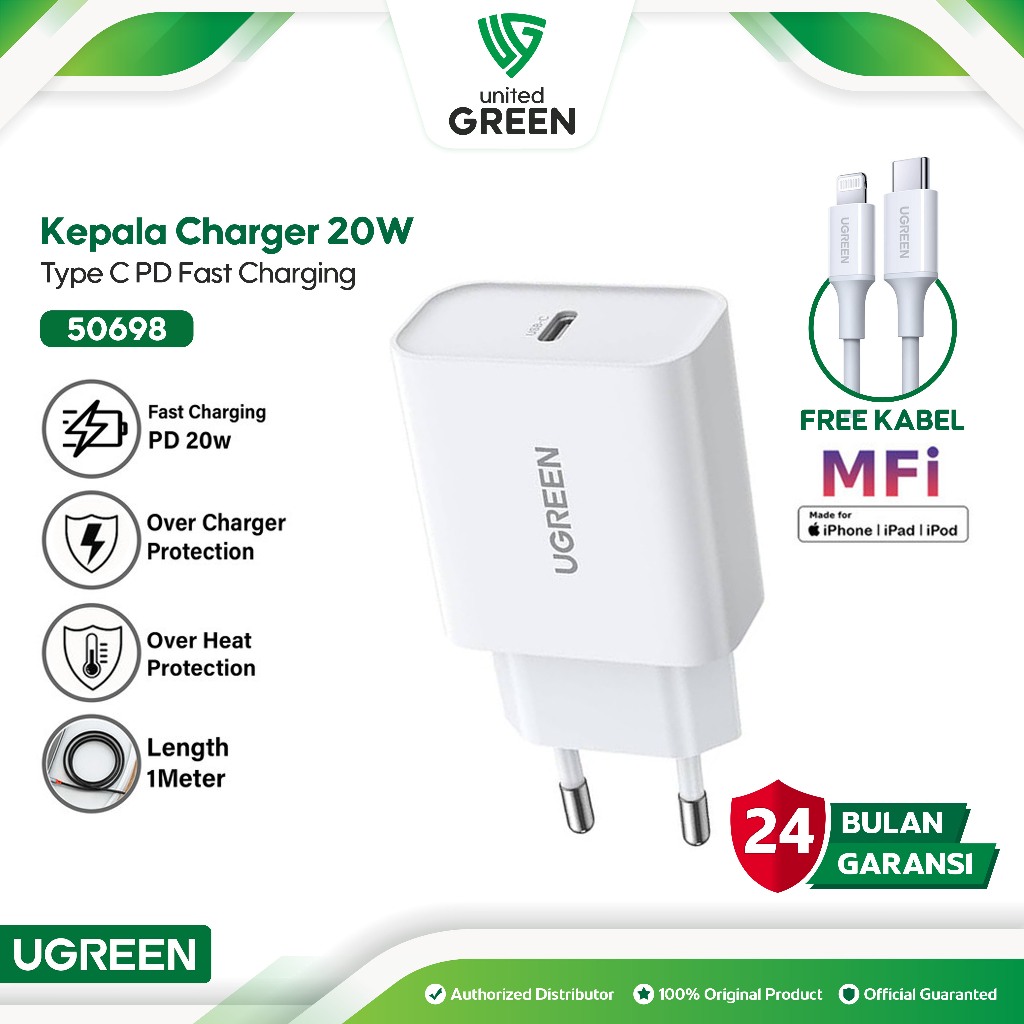 UGREEN Kepala Charger Iphone Type C to Lightning MFi Fast Charging 20 Watt 50698
