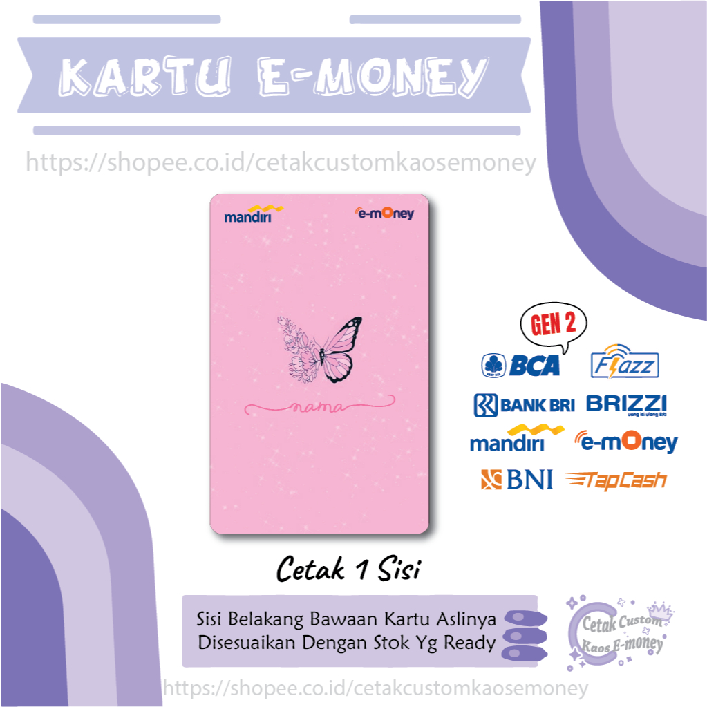 KARTU E MONEY E TOLL CUSTOM NAMA PINK BUTTERFLY PINK EMONEY MANDIRI BCA BNI BRI - 1 SISI
