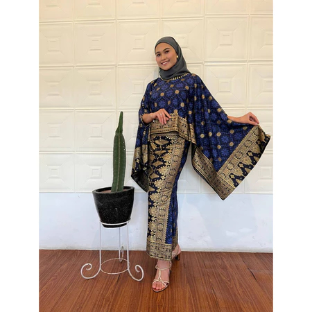 Tina Songket - Setelan Baju & Rok Songket Palembang Couple Keluarga Pria Wanita Navy Bunga Cina