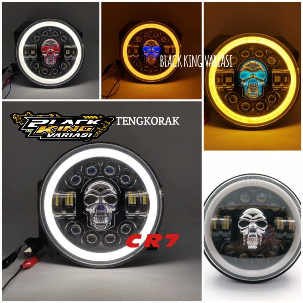 Lampu Tembak Tengkorak 7 inch 12 LED Lampu Reflector Lamp Tengkorak Lampu Motor Mobil Angel Eyes