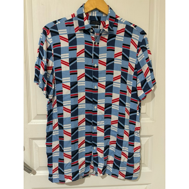 ZARAMAN RELAXED FIT BLUE RED SHORT SLEEVE SHIRT CASUAL