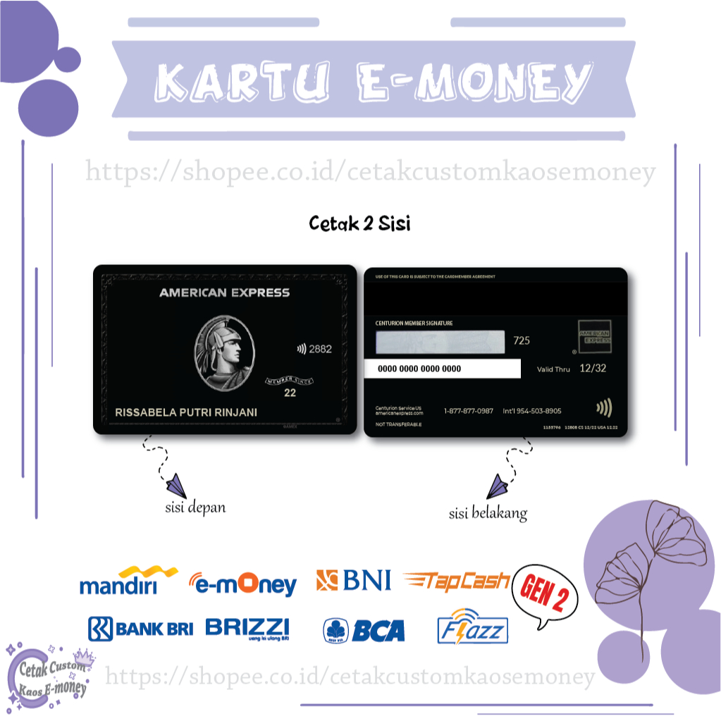 KARTU E MONEY E TOLL CARD AMERICAN EXPRESS BLACK CARD EMONEY MANDIRI BNI BRI BCA - 2 SISI