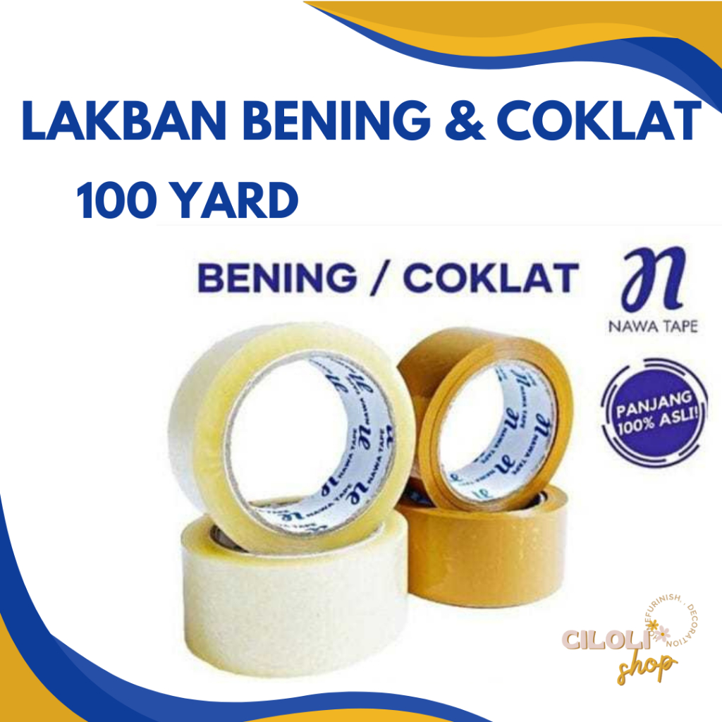 

SATUAN LAKBAN NAWA TAPE CLEAR BENING (PUTIH), LAKBAN BENING COKLAT FRAGILE LENGKET KUALITAS TERBAIK MURAH 100 YARD X 45MM