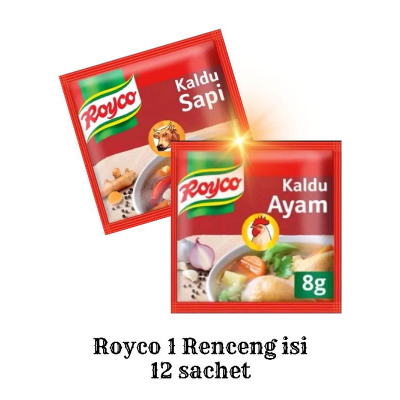 

Royco Kaldu Ayam 8gr / Kaldu Sapi 9gr 1 Renceng isi 12 Sachet