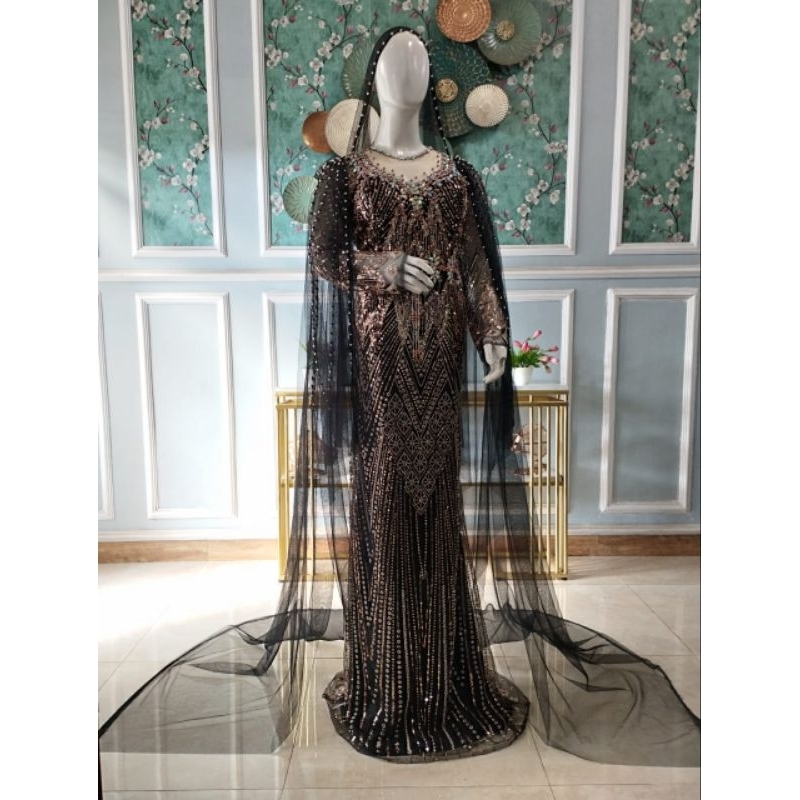 Gaun Span Dress Luxury Hitam Kombinasi Gold