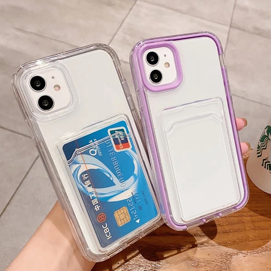 Terpopuler  3 In 1 Luxury Candy Color Card Holder Removable Frame Clear Phone Case Compatible for iP