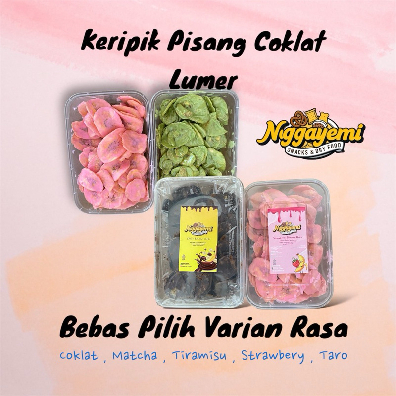 

Keripik Pisang lumer Coklat Strawbery Matcha Taro Tiramisu Box 750ml Nggayemi