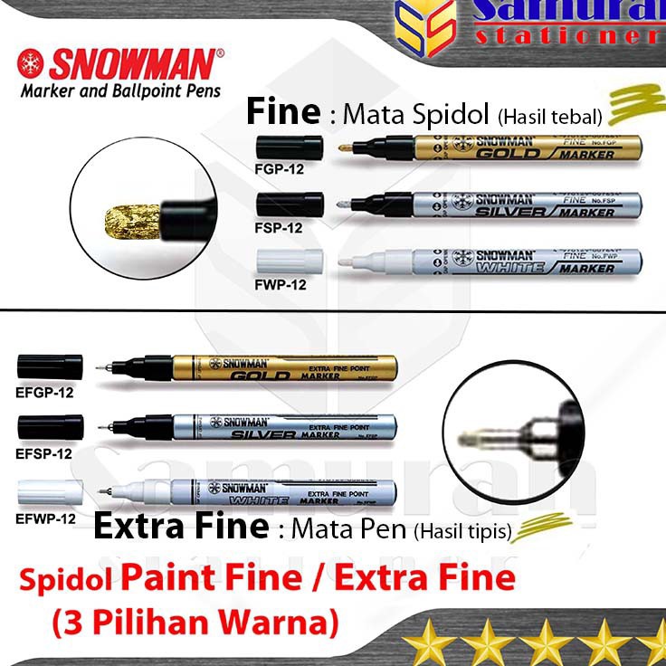 

SEGERA BELI Spidol Paint Marker Snowman Permanent Fine F Extra Fine EF Warna Emas Perak Putih Hitam Gold Silver White Black