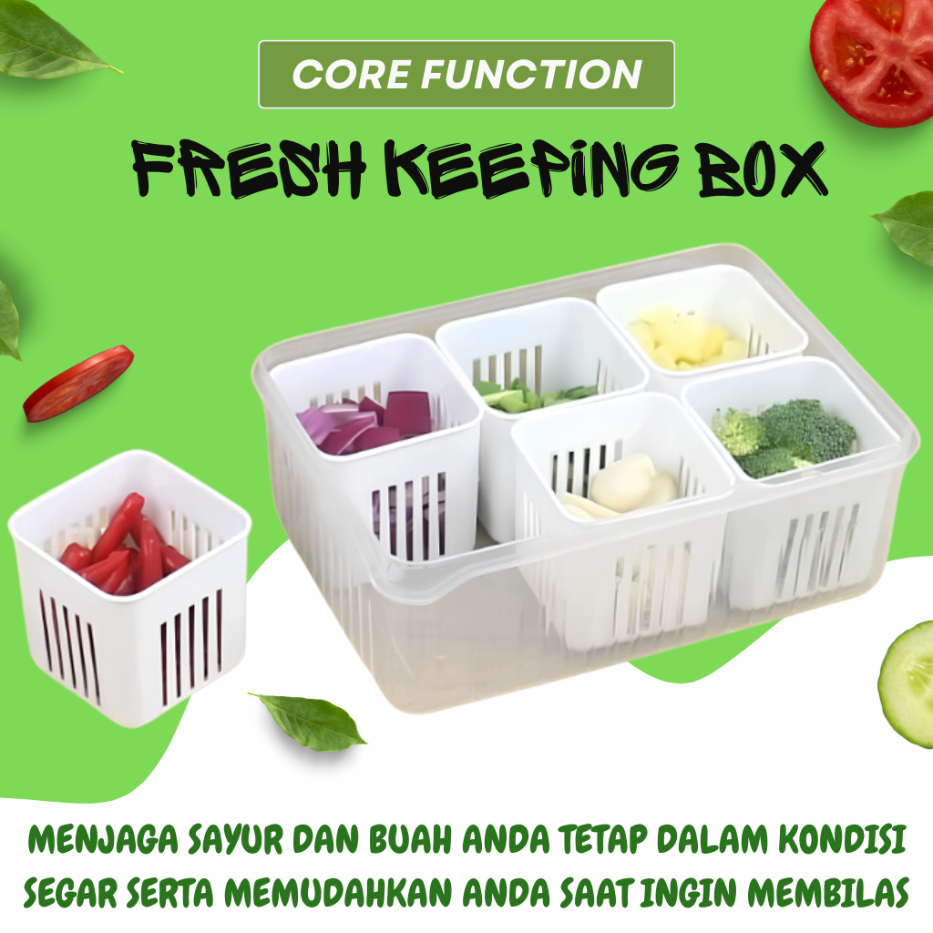 Kotak Penyimpanan Sayur Cabe Wadah Penyimpanan Kulkas 6 Sekat Kontainer Kulkas dengan Saringan