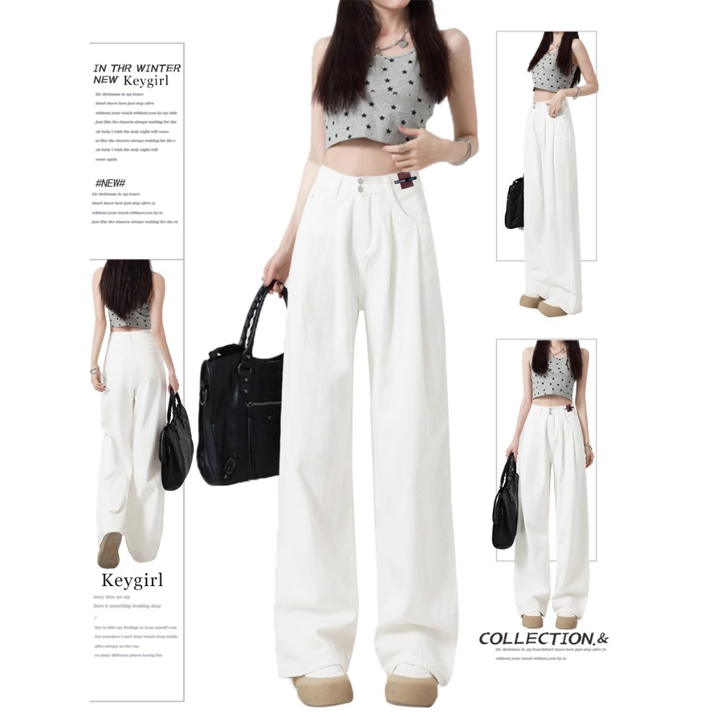 Keygirl Highwaist Baggy Jeans celana panjang putih wanita celana kulot loose pants jeans retro wanit