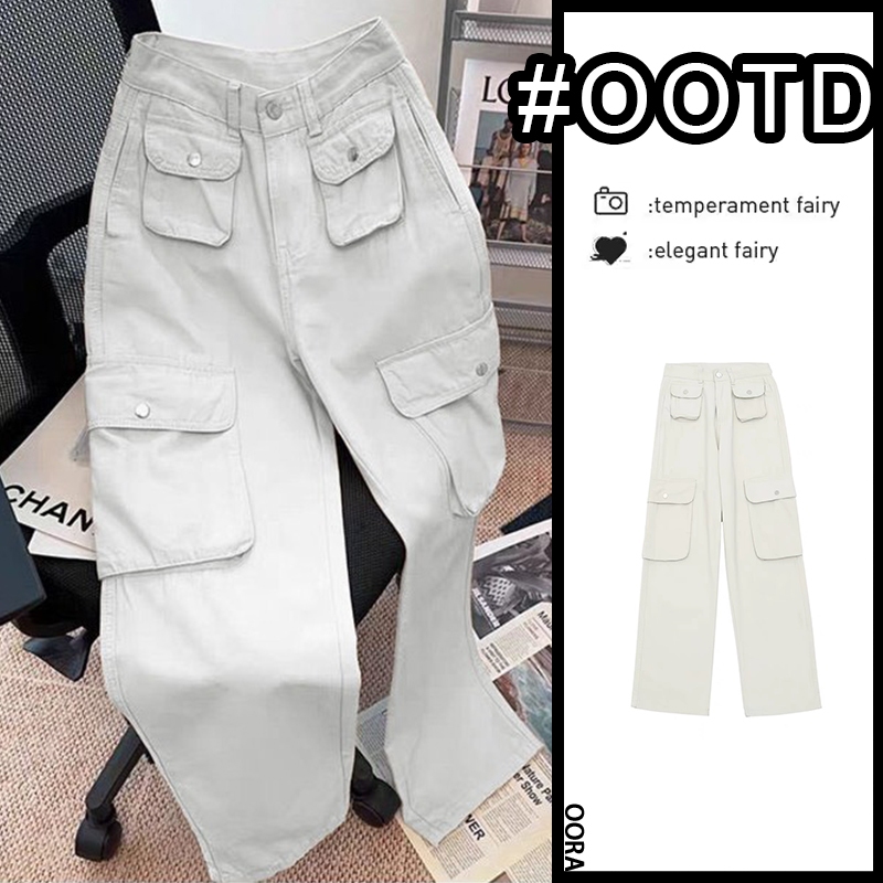 OORA Cargo Denim Pasir Putih Highwaist Kargo Pants Loose Celana Jeans Wanita Terbaru Korea/Keyla Pan