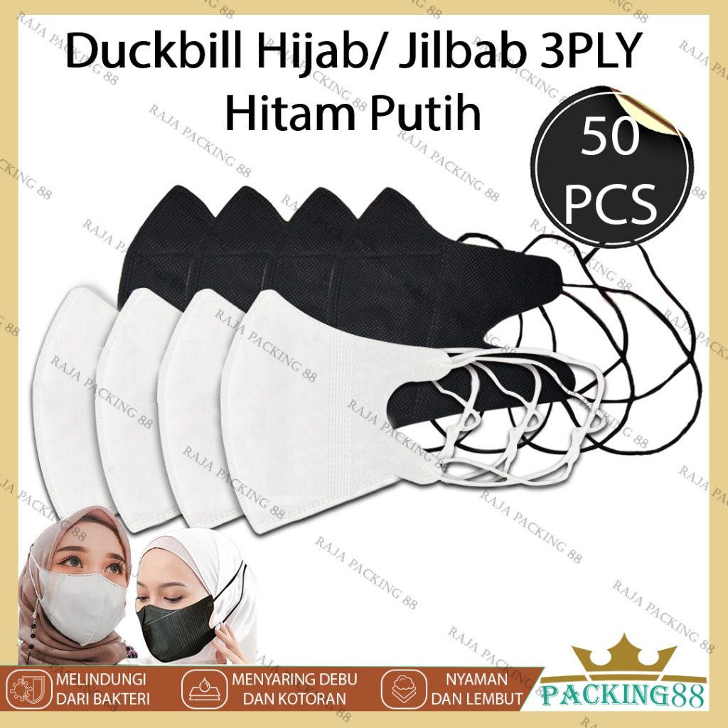 Masker Duckbill 50 PCS HIJAB JILBAB HITAM PUTIH 3 PLY WHITE BLACK Masker Medis Original Premium Mask