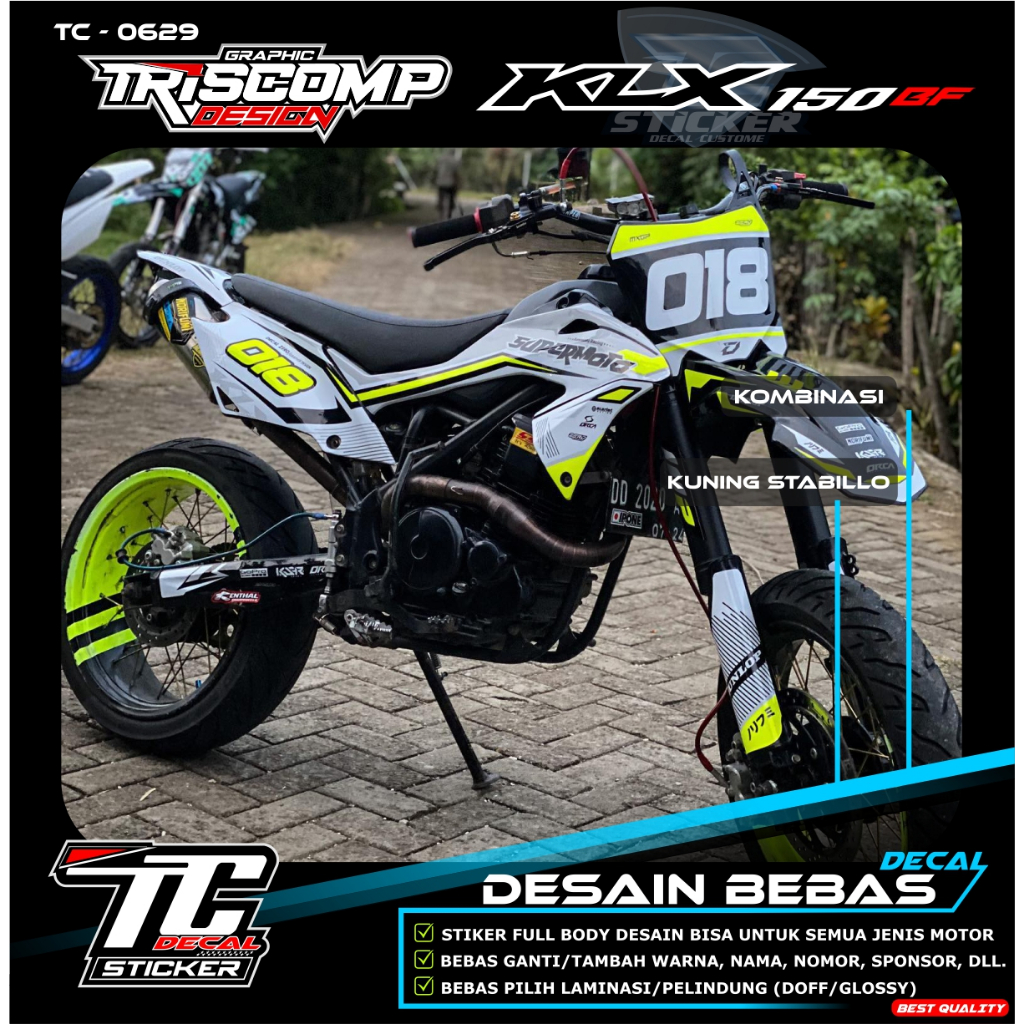 Stiker Fullbody decal KLX 150 bf new kombinasi kuning hijau flo stabillo terbaru motif simpel desain