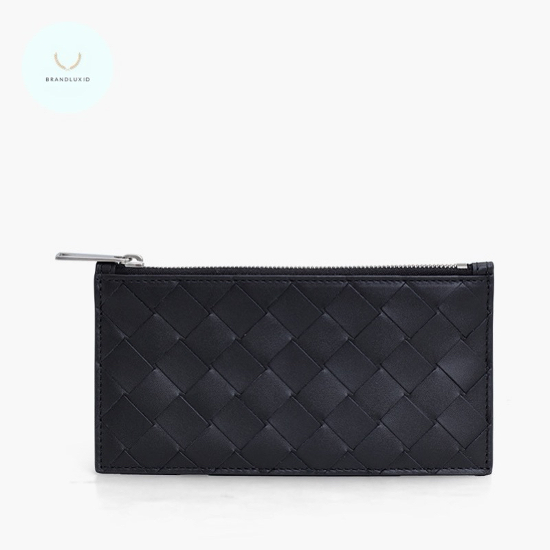 Bottega Veneta Men Long Intrecciato Zippered Card Case Wallet in Black Calfskin
