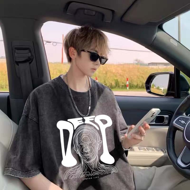 Desain garis potret huruf DEEP mencuci T-shirt Kaos Pria Premium Tebal|Kaos Oversize Pria|Kaos Impor