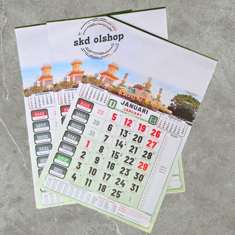 

Kalender kerja 2025 BO wuku gambar Masjid 12 lembar 1 bulanan ukuran 32x48 cm (terima castume cetak merek)