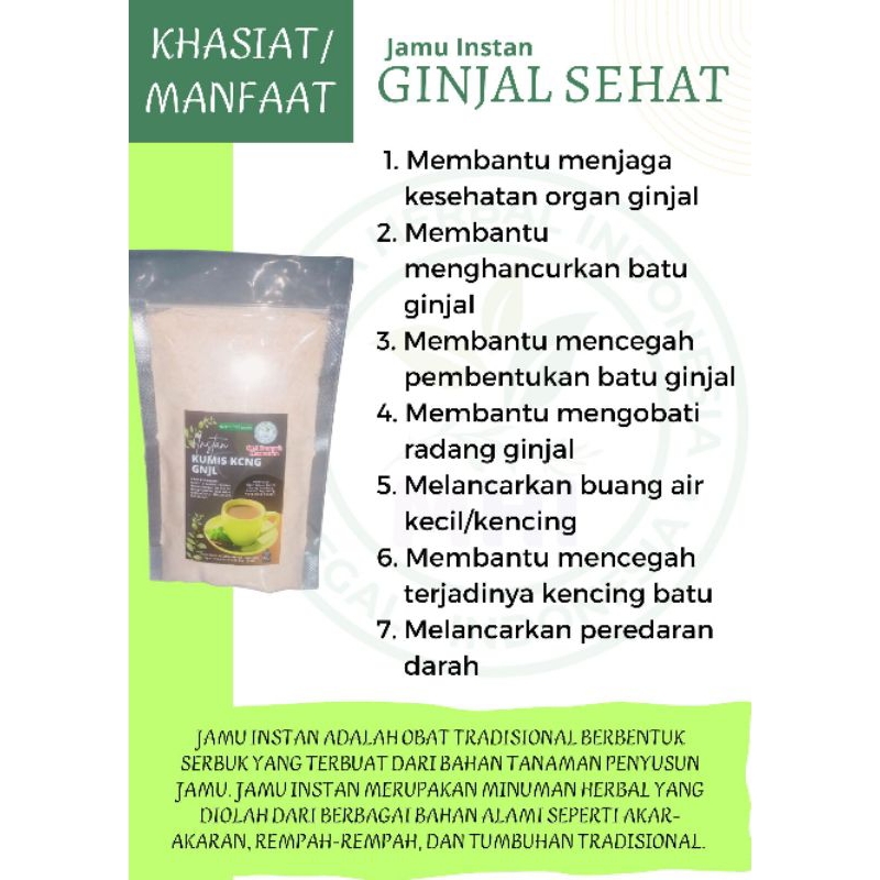 

Mustika Herbal Indonesia Jamu Instan, Jamu Serbuk, Wedang Instan GINJAL SEHAT 1 pouch berat bersih 150 gr