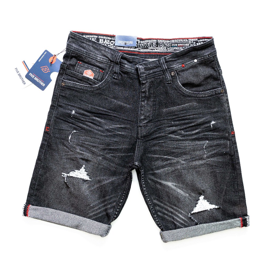FIVE BROTHER Celana Jeans Pendek Pria Sobek Stretch Melar Original Wisker Ringkel Selvadge