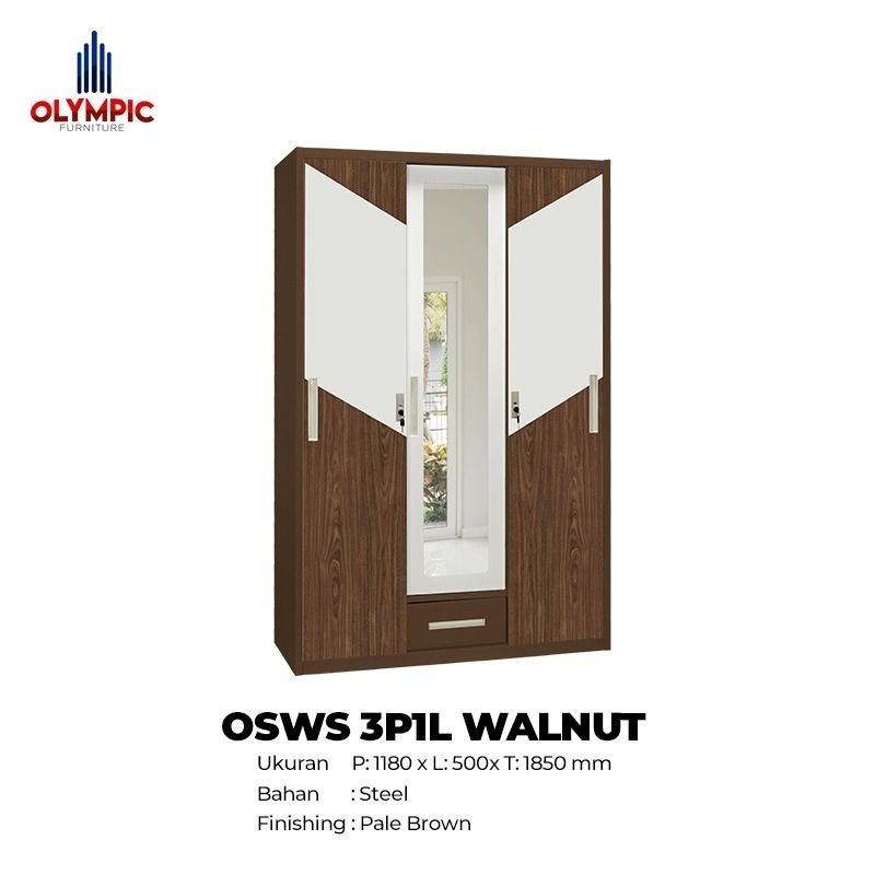 Lemari Pakaian 3 Pintu Besi Olympic OSWS 3P1L WALNUT