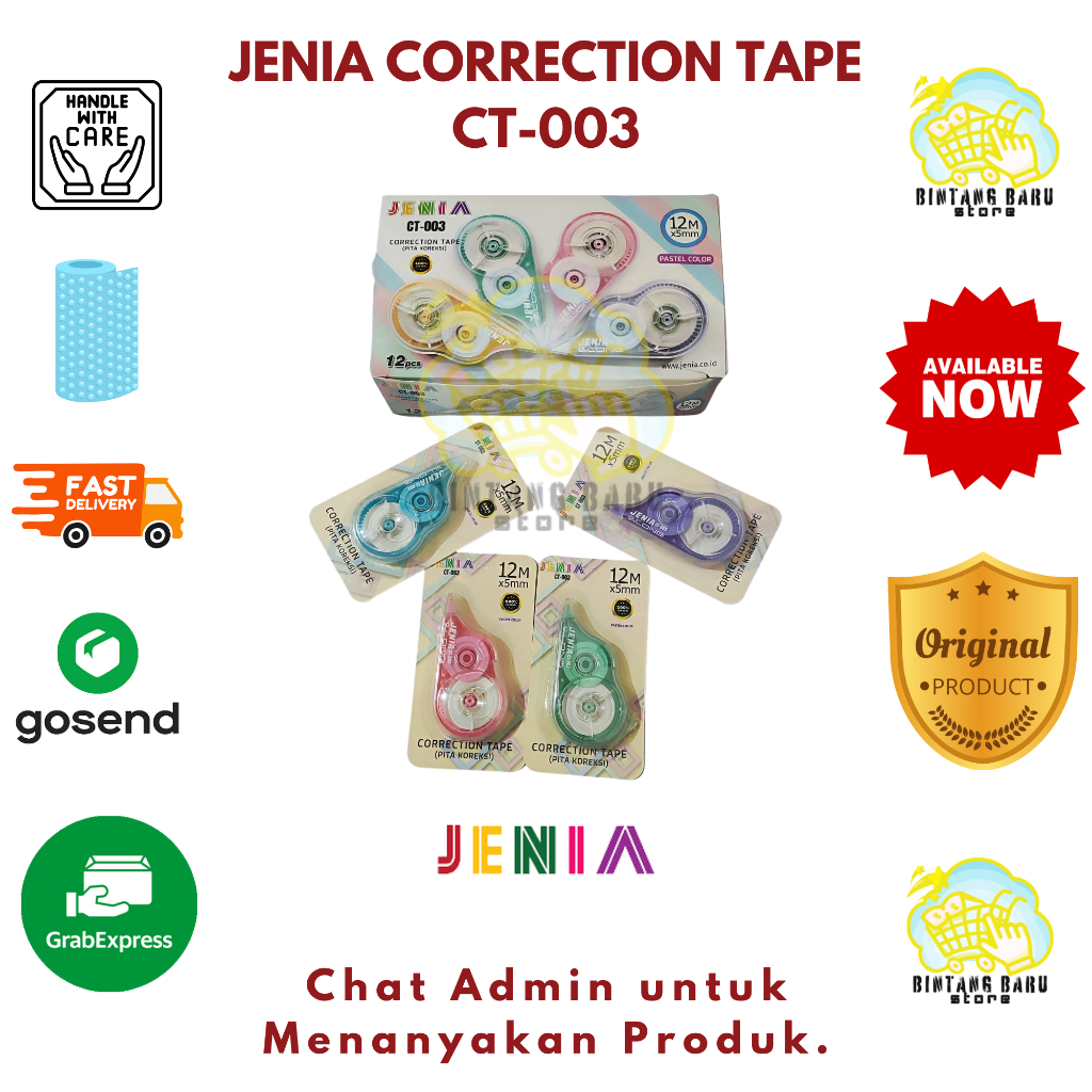 

JENIA - CORRECTION TAPE / TIPE-X KERTAS - TERSEDIA 4 VARIASI WARNA - WARNA PASTEL