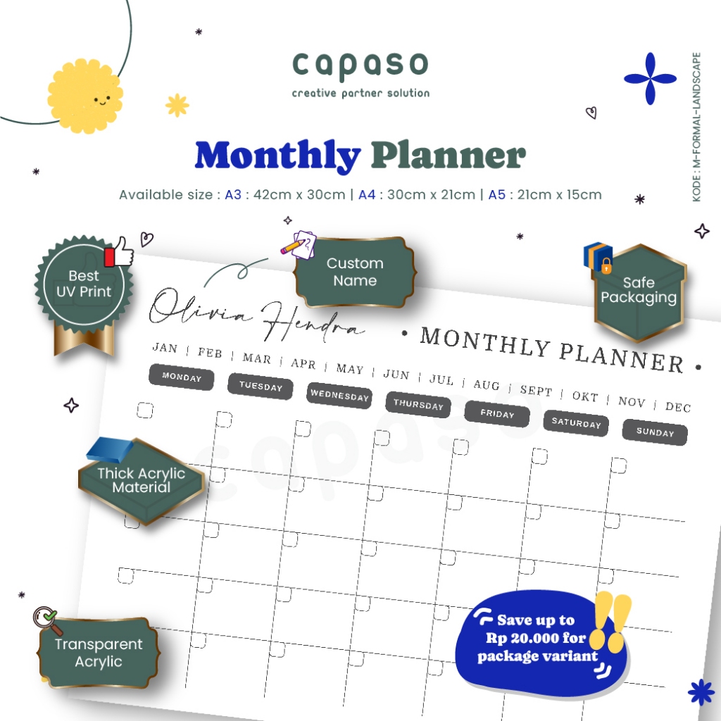 

JASA CUSTOM NAMA Akrilik Planner A3 A4 A5 Monthly / Weekly / To do List / Aesthetic Lucu Formal Cute