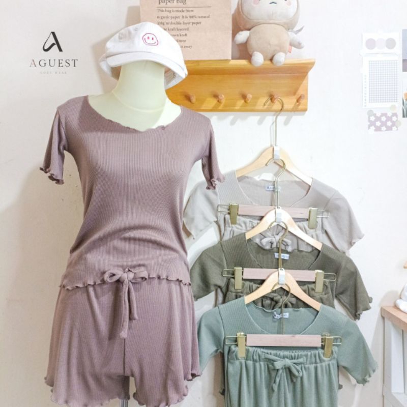 Pri AGUEST Yoona One Set Wanita Dewasa Slimfit Setelan Baju Tidur Pendek Body Fit Knit Sexy Korean