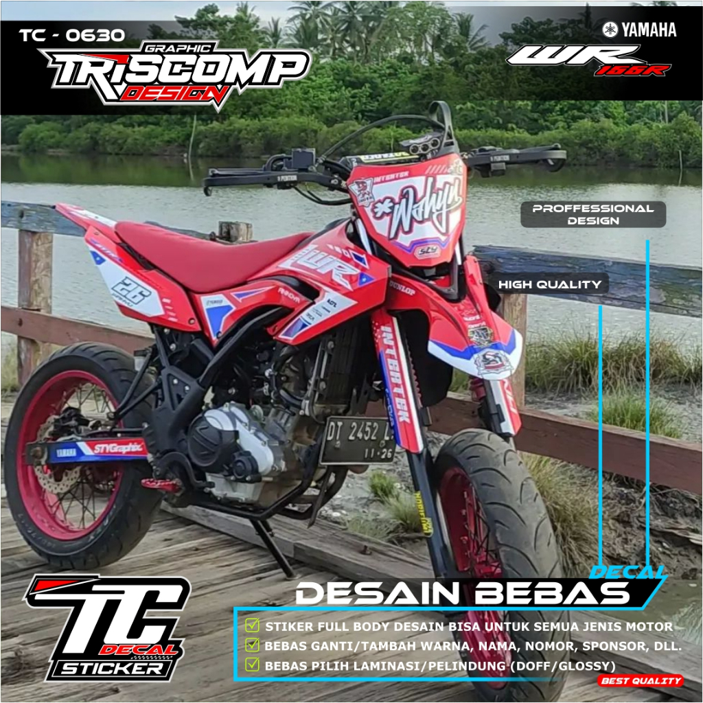 Stiker custom decal WR 155R warna merah merona motif racing supermoto desain bisa request list varia