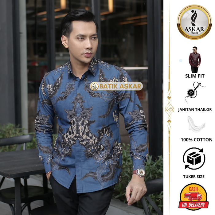 Askar Batik Motif Hanasta Baju Kemeja Batik Pria Slim Fit Heem Lengan Panjang Modern Warna Biru Deni