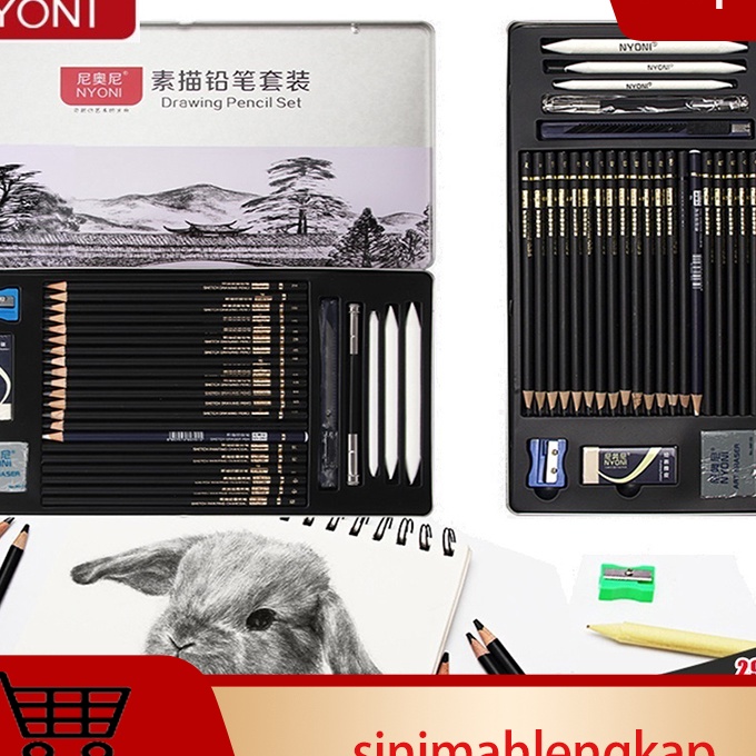 

Hot NYONI Sketch drawing pencil pensil grafit charcoal arang 29 pcs set tin case