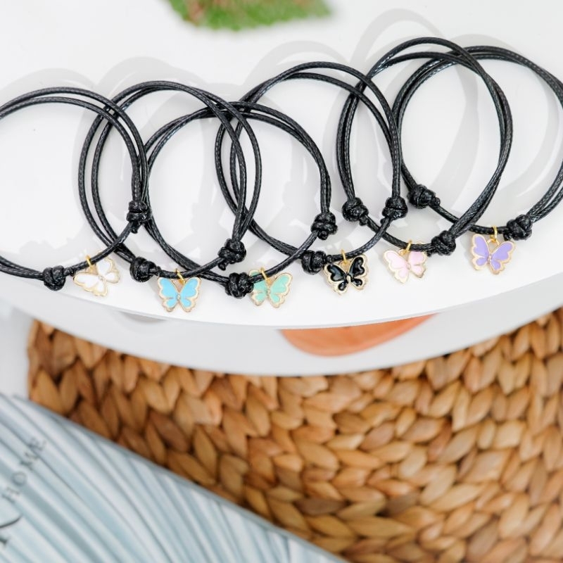 Gelang Couple Sahabat 3 Orang Liontin Kupu-kupu Simple Tali Korea Hitam Polos Murah