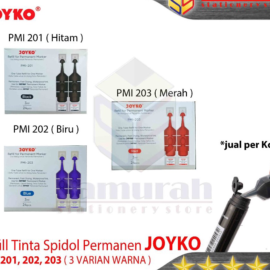 

KP8 Tinta Spidol Permanen Marker Joyko PMI 21 PMI 22 PMI 23 Isi Ulang Refill Permanent Khusus untuk PM 34 35 36 Warna Hitam Biru Merah Per Pak isi 24 pcs 3 ml