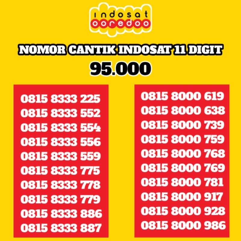 95 11 DIGIT Nomor Nomer No Nocan Cantik Hoki Kartu Perdana Operator Indosat Ooredoo 11 Digit 4G