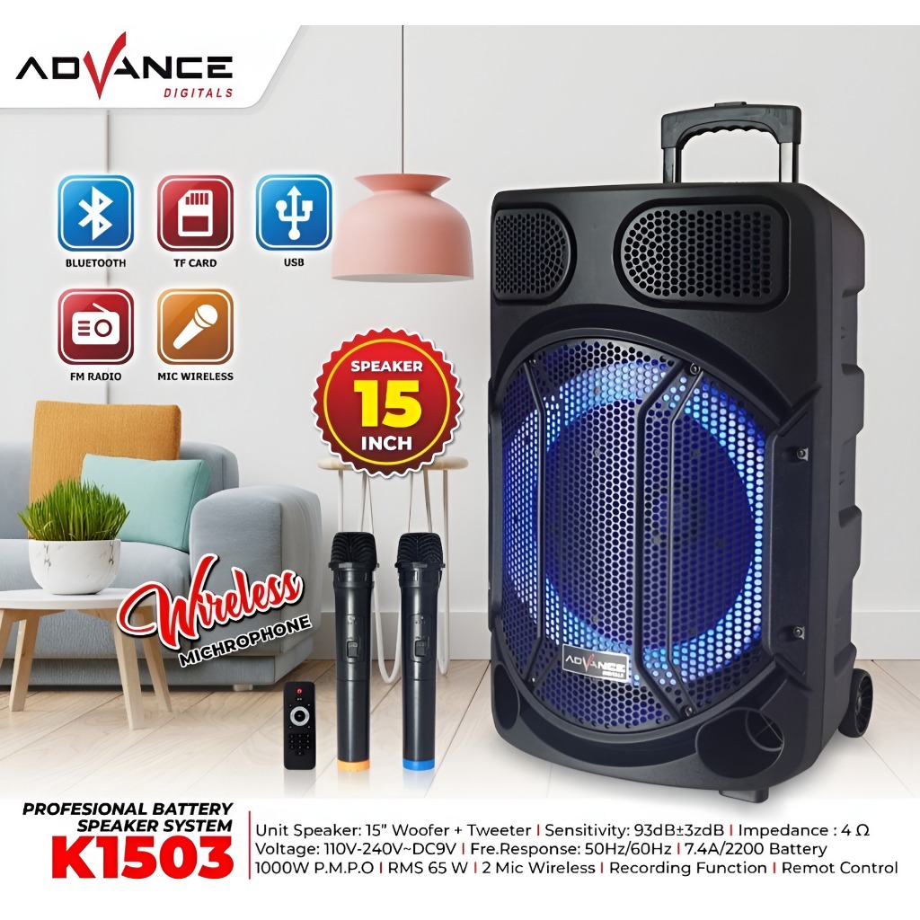 Speaker Bluetooth Portable Advance K1503 15 Inch + 2 Mic Wireless / Speaker Advance K1503 K 1503 15"