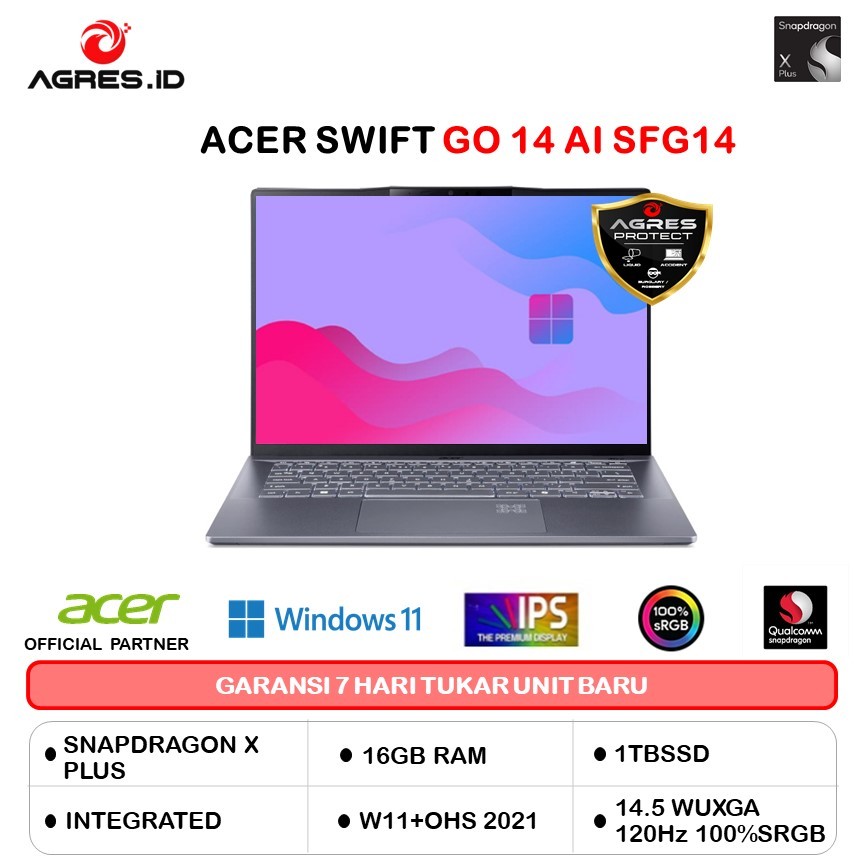 ACER SWIFT GO 14 AI SFG14 SNAPDRAGON X PLUS X1P 42100 16GB 1TB W11PRO+OHS 14.5 WUXGA GRY -01.X3BG